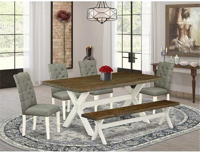 East West Furniture X077EL207-6 6 Piece Kitchen Table & Chairs Set Contains a Rectangle Wooden Table and 4 Gray Linen Fabric Parson Chairs with a Bench, 40x72 Inch, Multi-Color