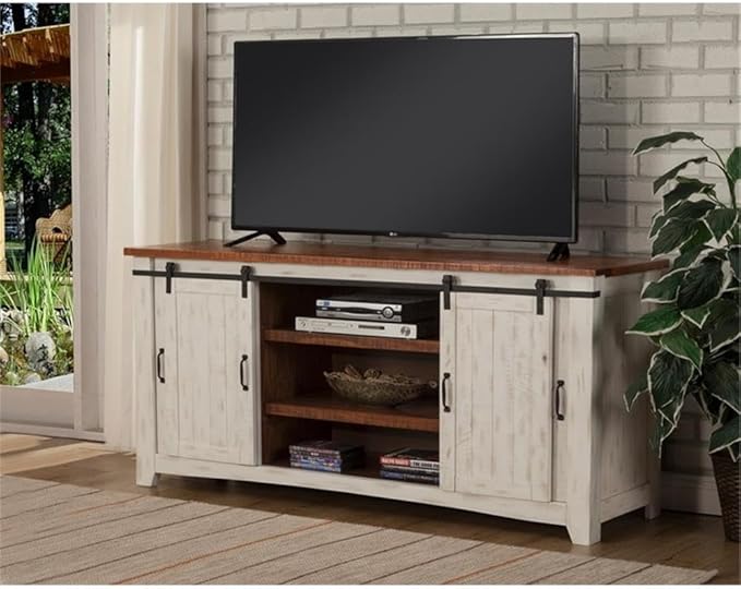 Martin Svensson Home Rustic 65” Solid Wood TV Stand with Storage, White and Aged Distressed Pine