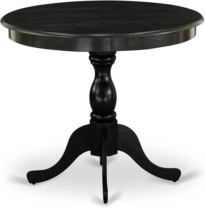 East West Furniture AMAB3-ABK-24 3 Piece Modern Dining Table Set Contains a Round Kitchen Table with Pedestal and 2 Black Color Linen Fabric Upholstered Chairs, 36x36 Inch, Wirebrushed Black