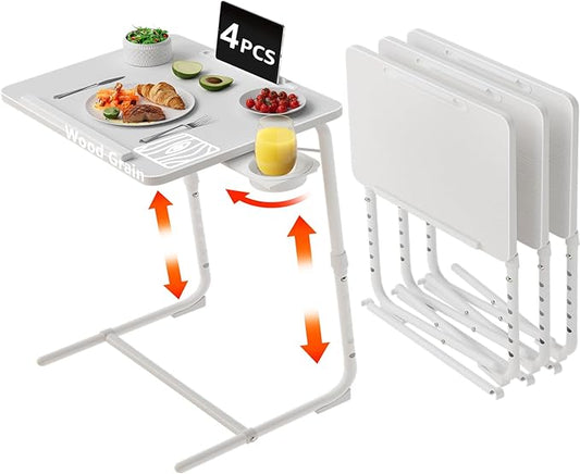 TV Trays Set of 4 - Folding TV Tray Adjustable Dinner Trays for Eating On Couch Wooden Tables Mate Stand Foldable White Desk with Cup Holder Portable