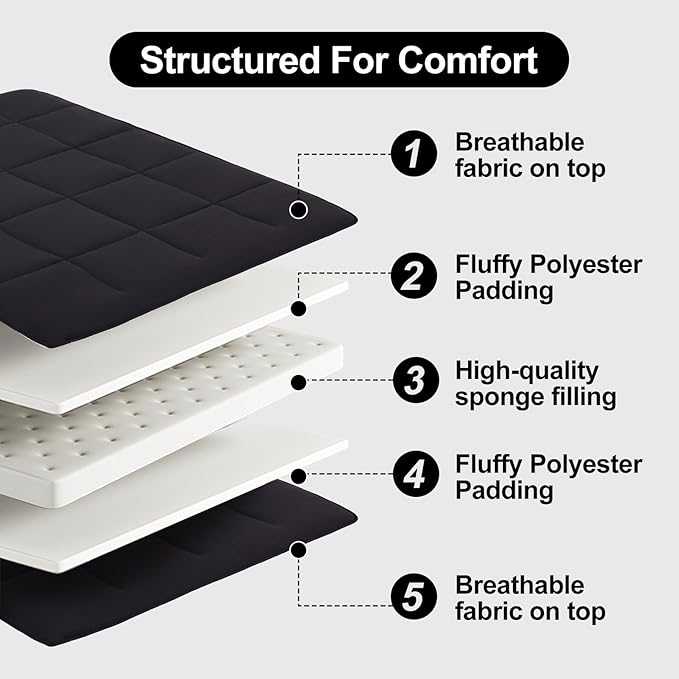 Tiita Queen Memory Foam Mattress Topper, 4" Thicken Futon Floor Mattress with Storage Bag and 2 Straps, Portable Roll Up Travel Car Camping Mattress Sleeping Pad, Black