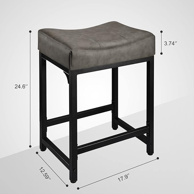 Counter Height Bar Stools Set of 2, 24 Inch Stools for Kitchen Counter with Thick Saddle Seats and Barstools Metal Frame, Modern Backless Counter Height Stool for Kitchen Island Bar Grey