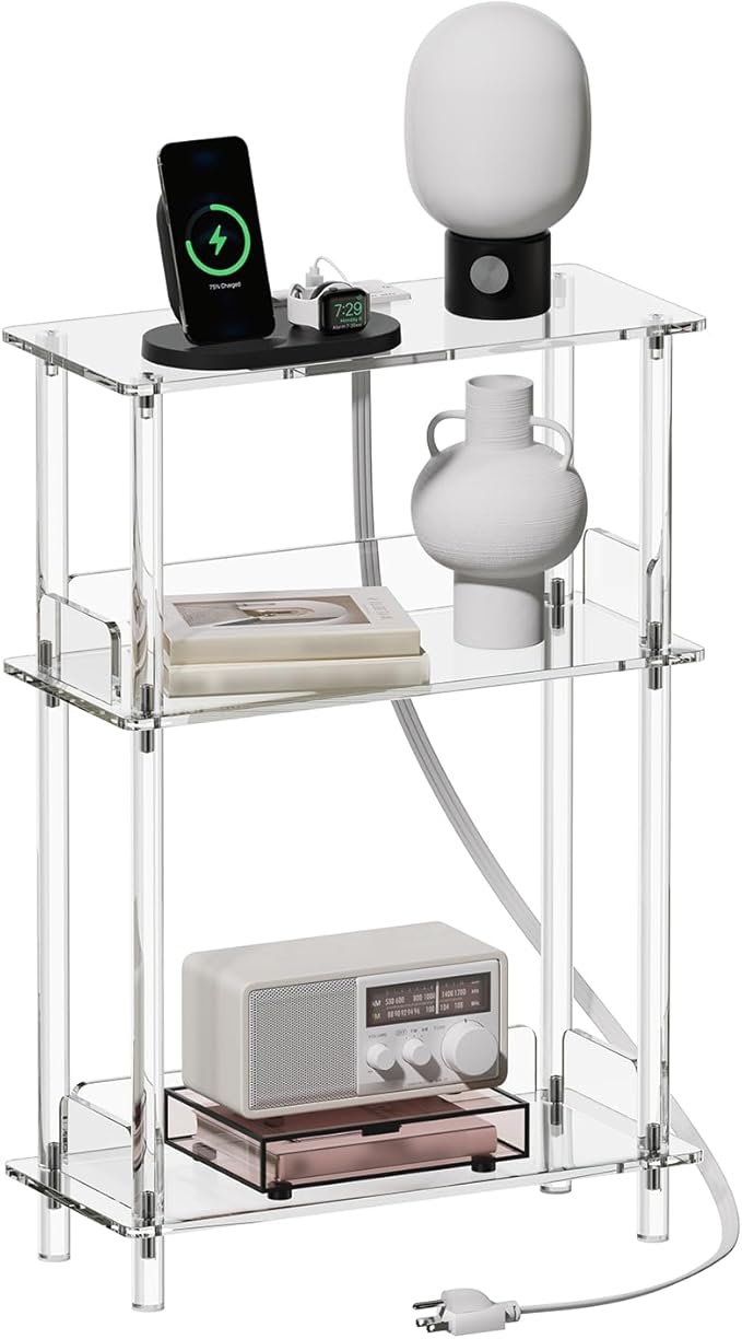 HMYHUM Acrylic Narrow Side Table with Charging Station, 7'' Width, 3-Tier Skinny End Table for Small Spaces, Clear Nightstand/Bedside Table with USB Ports Outlet, 15.7" L x 22.9" H