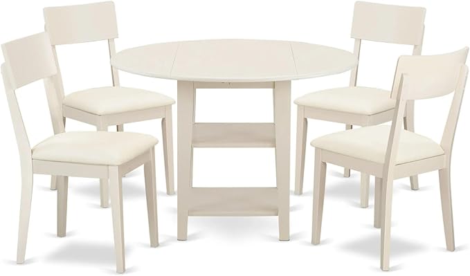 East West Furniture SUAD5-LWH-LC 5 Piece Dining Room Furniture Set Includes a Round Kitchen Table with Dropleaf & Shelves and 4 Faux Leather Upholstered Chairs, 42x42 Inch, Linen White