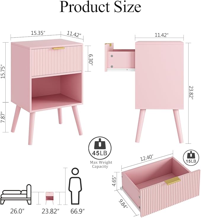 Nightstand, Small Side Table, Bedside Table with Drawer, Modern Night Stand, End Table for Bedroom, Living Room (Pink Stripe)