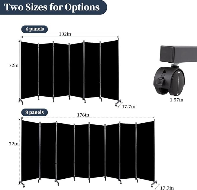 Room Divider Folding Privacy Screens with Lockable Wheels, 176'' Fabric Partition Room Dividers Freestanding Room Divider Panel for Room Separation, Wall Divider for Home Office Bedroom Studio Decor