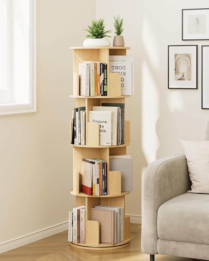 Masupu Rotating Bookshelf, Tall 4 Tier Rotating Spinning Bookshelf Tower, 360 Spinning Floor Standing Bookcase Storage Rack, Conner Rotating Book Shelf for Kids Rooms, Bedroom, Living Room