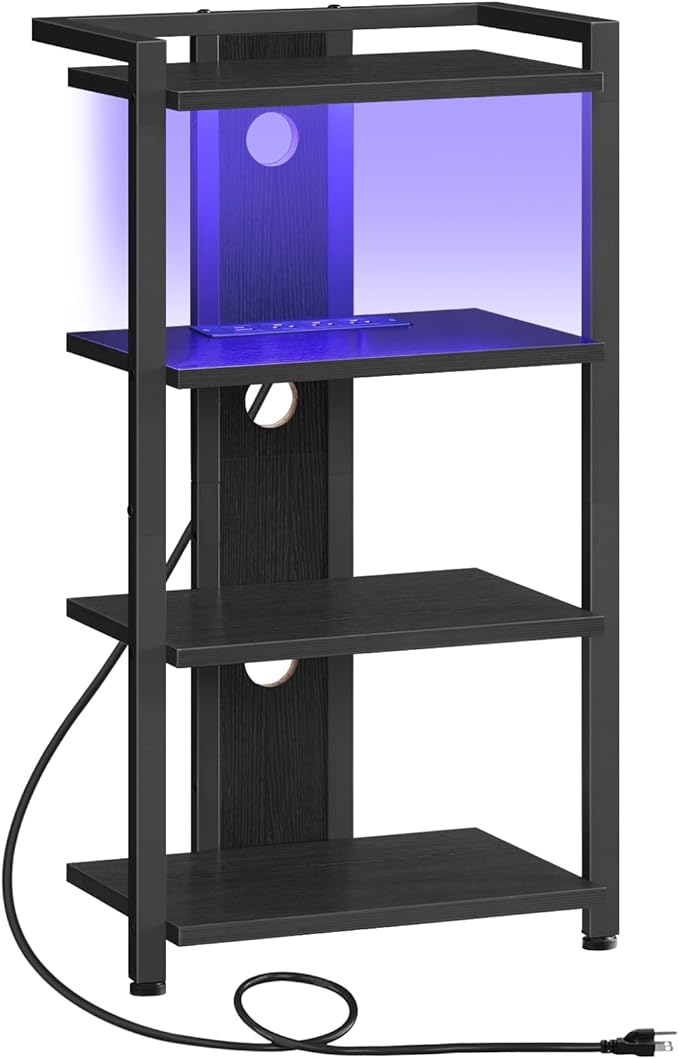 HOOBRO 4-Tier AV Media Console With Charging Station and LED Light, Wooden Stereo Cabinet, Corner TV Stand, Record Player, Entertainment Device, Black BB38UDCJ01