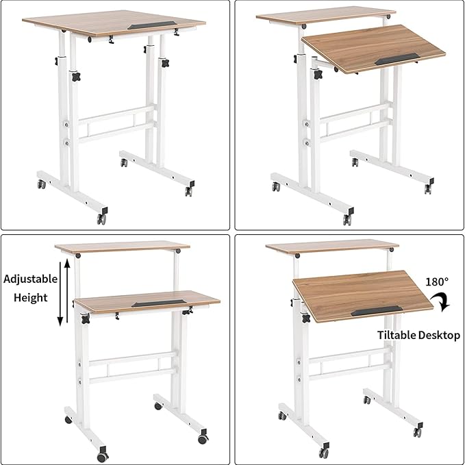 soges 23.6inches Height Adjustable Desk Laptop Desk on The Wheels, Rolling Stand Up Desk Computer Desk Adjustable Standing Desk Sit and Stand Desk Portable Laptop Table, Oak