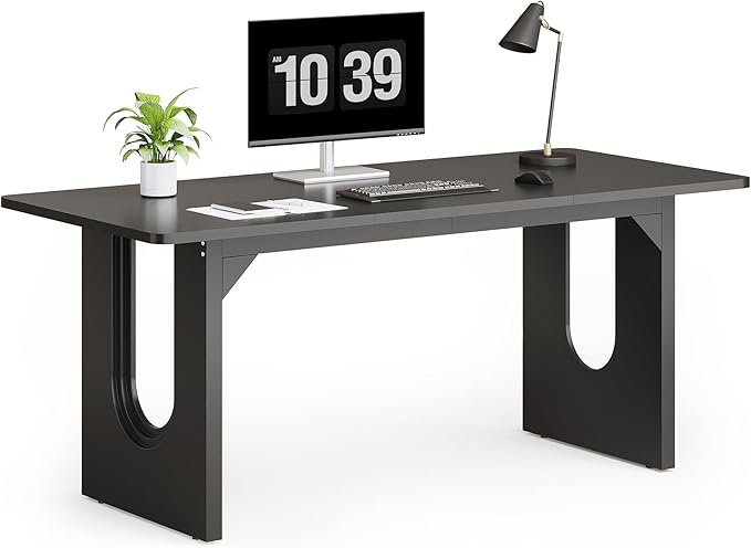 LITTLE TREE 70.8-Inch Home Office Desk, White Computer Desk with Storage, Study Writing Work Desk for Home Office, Spacious Modern Simple Desk, Black