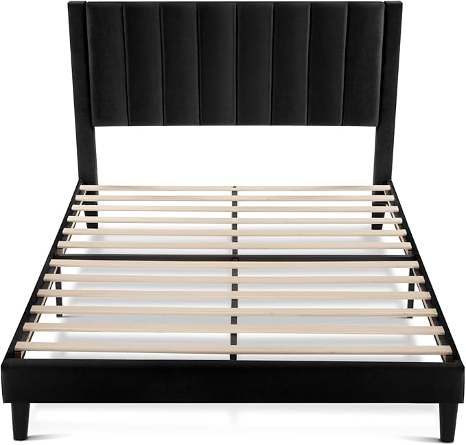 SHA CERLIN Queen Bed Frame/Velvet Upholstered Platform Bed Frame with Headboard/Strong Wood Slats Support/Mattress Foundation/No Box Spring Needed - Black