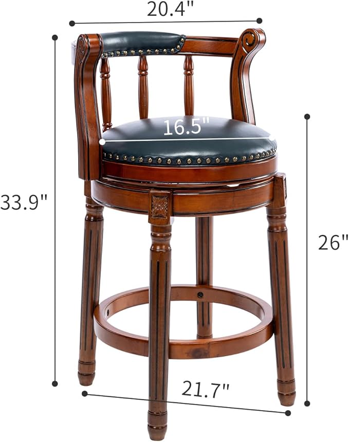 Cow top Leather Wooden Bar Stools, 360 Degree Swivel Bar Height Chair with Backs for Home Kitchen Counter, Morden Chair Barstools (Dark Blue 1pc, Counter Height-Seat Height 26”)