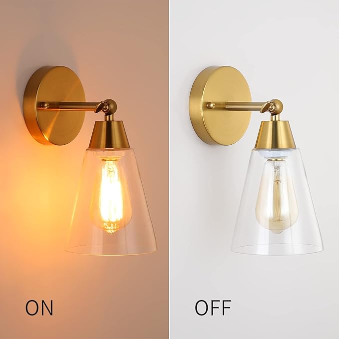 MWZ Gold Wall Sconce Set of 2,Modern Brushed Brass Sconces Lighting with Clear Glass Shade,Bathroom Light Fixtures Over Mirror,Vanity Lights Over Sink,Indoor Wall Mount Adjustable Angle Lamp