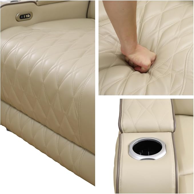 Recliner Chair, Leather Recliner Home Theater Seating, Electric Reclining Chair with USB Ports and Cup Holders, Breathing Chair with Hidden Arm Storage, Ambient Lighting, Beige