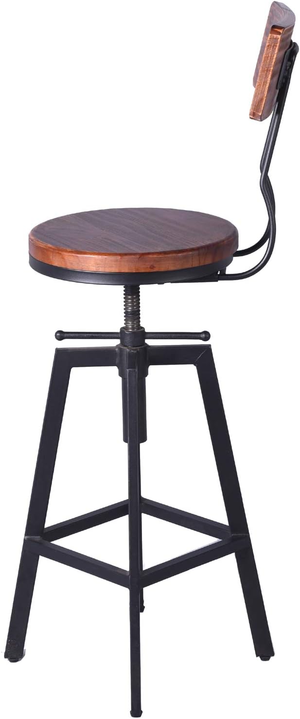 Diwhy Industrial Bar Stool Wood Metal Bar Stool,Adjustable Height Swivel Counter Height Bar Chair with Backrest,Black,Fully Welded Set of 2 (Brown Wooden Top with Wooden Backrest)