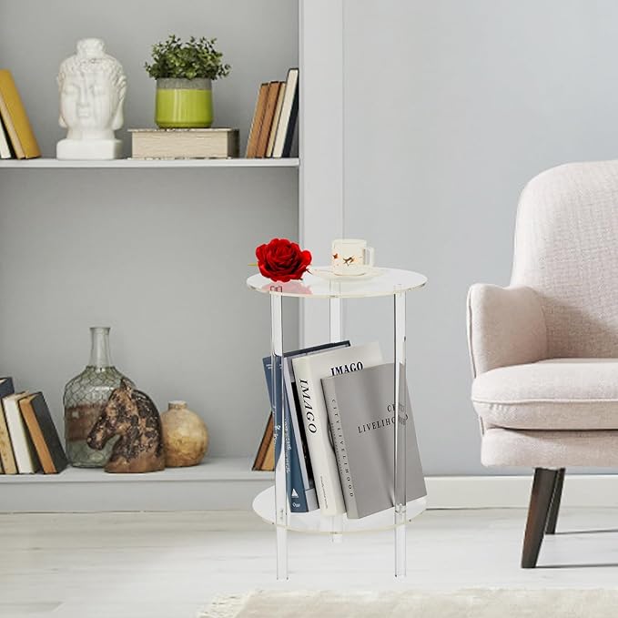 Acrylic Detachable End Table, Round Acrylic Coffee Table, 2 Tier Multifuntional Clear Nightstand End Table for Small Spaces, Detachable Beside Table for Living Room, Bedroom, Study Room (2)