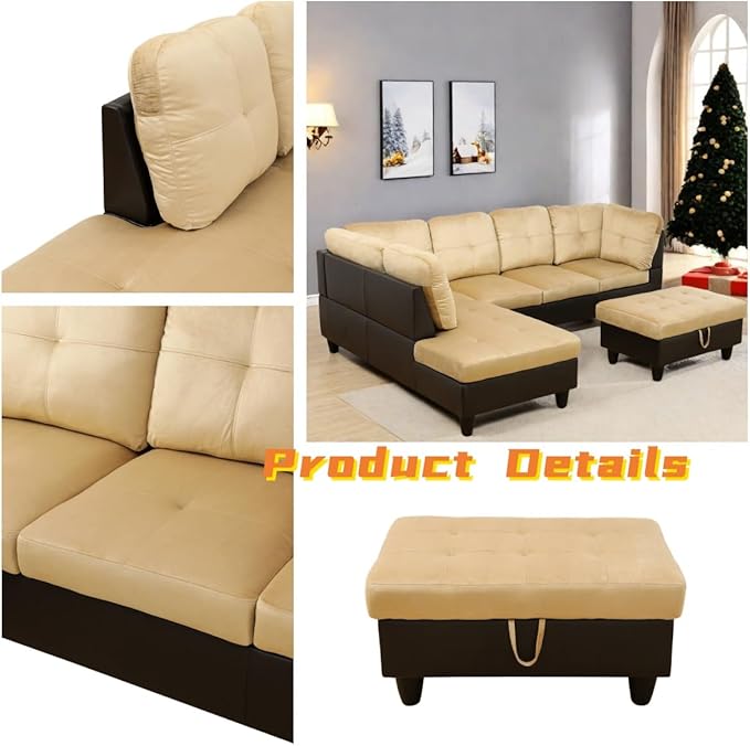 L Shaped Sectional Couch with Otttoman, 103" Sectional Sofa for Living Room Flannel Modular Couches with Cup Holders for Bedroom, Apartments, Beige &Brown