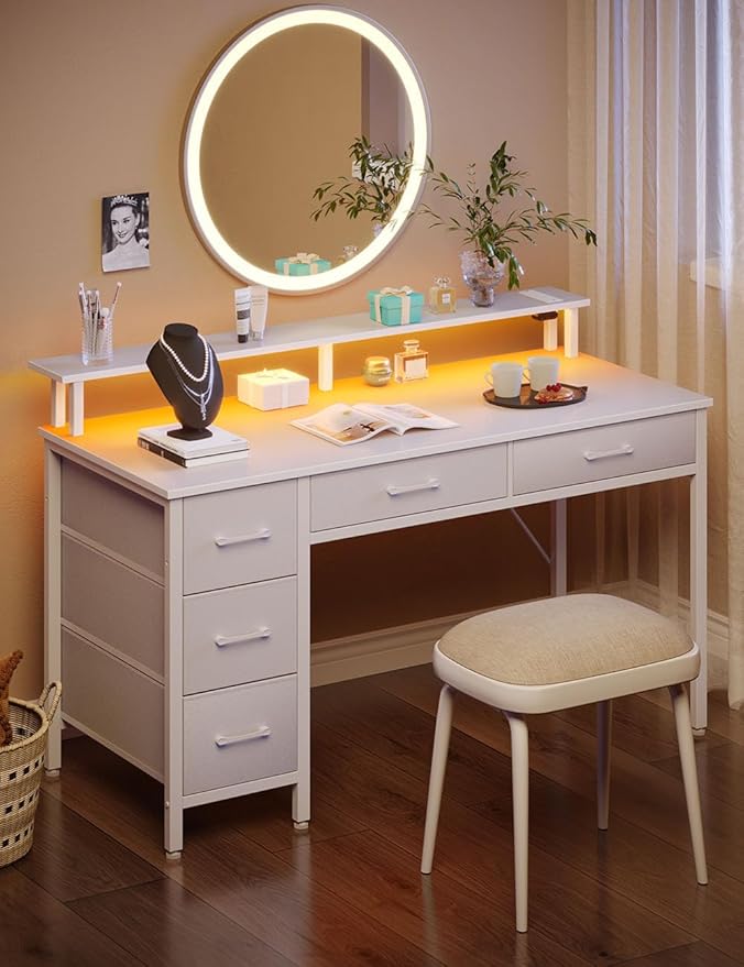 Seventable Computer Desk with Power Outlets & LED Light, 55 inch Home Office Desk with 5 Drawers, Writing Desk with Monitor Stand, Work Desk for Home Office, White