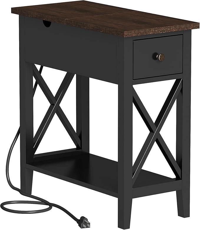 ChooChoo End Table with Charging Station, Accent Small Side Table Nightstand for Living Room, Bedroom, and Small Spaces, Rustic Black