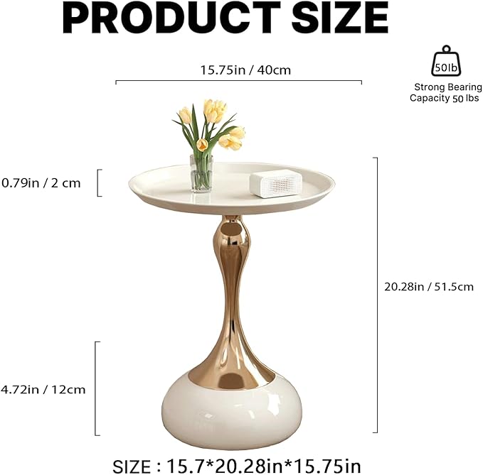 Modern Round Side Table with Gold Pedestal Base, Black Metal Top, Accent End Table for Living Room (White)