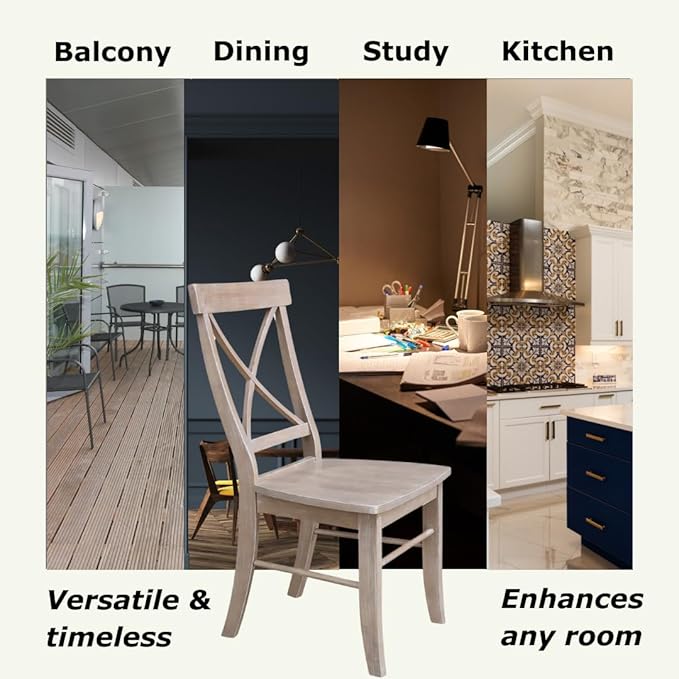 X-Back Dining Chairs Set of 2 Washed Gray Taupe Solid Wood Parawood Construction, Stylish and Comfortable Chairs for Kitchen/Dining, 18.9"W x 22.2"D x 36.9"H, 225 lb Weight Capacity