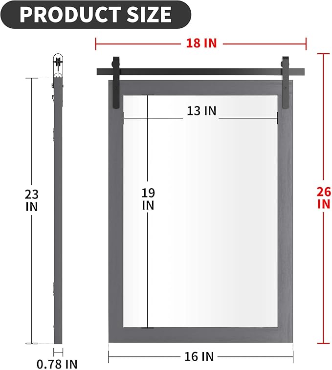 Farmhouse Wall Mirror, Rustic Wood Frame Bathroom Mirror Barn Door Inspired Decorative Vanity Dress Mirrors for Living Room Entryway, 18x26 INCH Gray Vertical