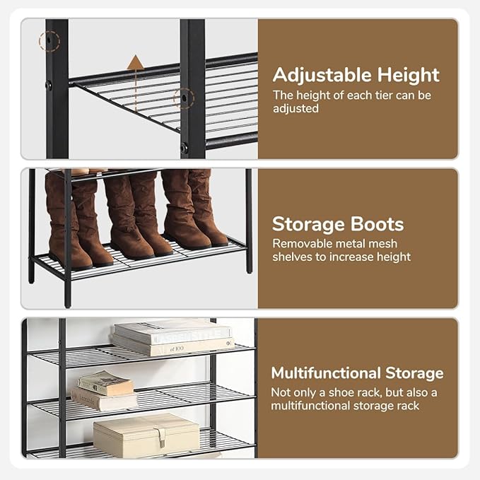 5-Tier Shoe Rack Organizer, Metal Mesh Shoe Storage Shelf, for Entryway, Hallway, Closet, Dorm Room, Industrial, Rustic Brown