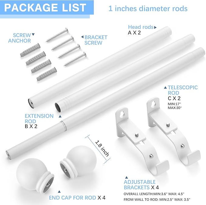 Curtain Rods for Windows 16 to 48 Inches, Curtain Rod Max Adjustable Length of 60 IN, 1" Diameter Drapery Rods Round Finials, White, Pack of 2