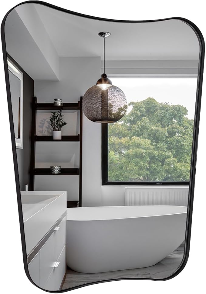 Black Bathroom Vanity Mirrors, 24 x 32 Irregular Wall Mirror with Black Trim Frame, Modern Asymmetrical Wall Mirror, Unique Shaped Decorative Mirrors for Living Room, Bedroom, Fireplace