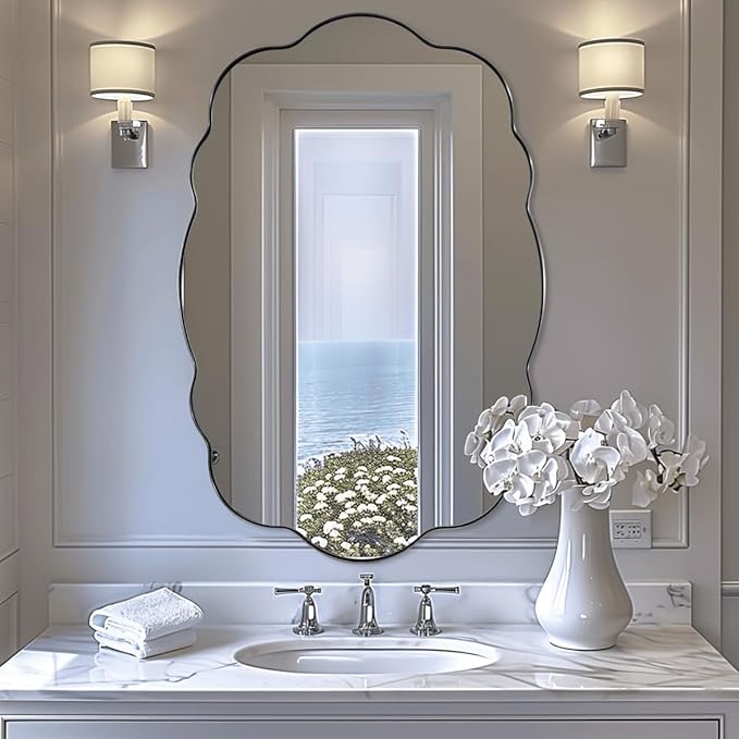 ANDY STAR Brushed Nickel Bathroom Mirror, 24x36 Inch Silver Asymmetrical Wall Mirror, Oval Bathroom Vanity Mirror, Unique Irregular Wall Mirror with Sophisticated Curved Design