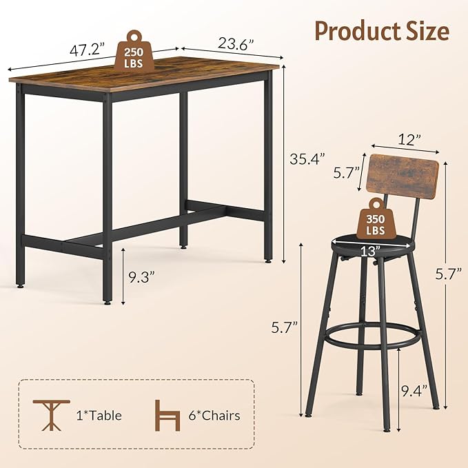 Rovibek Dining Table Set for 6, Bar Table and Chairs Set, Modern 6 Piece High Top Table and Chairs, Industrial Bar Height Pub Tables for Kitchen, Dining Room, Brown
