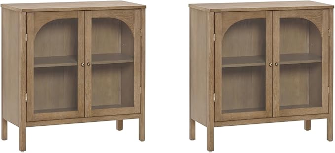 Nathan James Mason TV Stand, Free Standing Accent Sideboard Buffet, Credenza with Glass Doors and Adjustable Shelf in Brushed Light Brown Wood for Dining Room, Entryway and Living Room, Set of 2