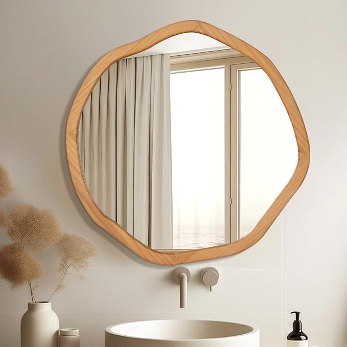 ULIKE Round Wood Mirror, 30 Inch Asymmetrical Circle Vanity Mirror with Wood Frame, Rustic Decorative Wall Mount for Bathroom Bedroom Living Room Entryway