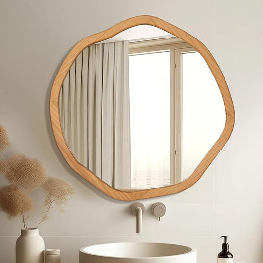 ULIKE Round Wood Mirror, 30 Inch Asymmetrical Circle Vanity Mirror with Wood Frame, Rustic Decorative Wall Mount for Bathroom Bedroom Living Room Entryway