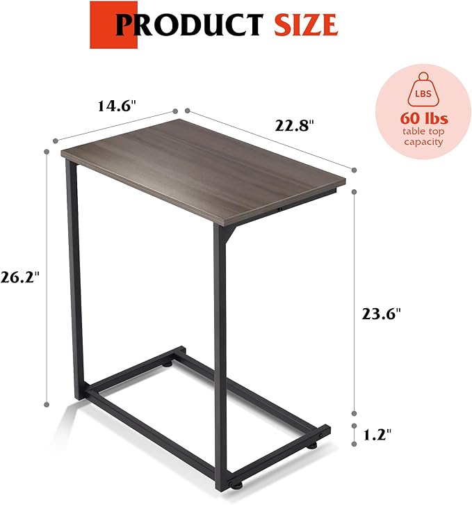 WLIVE C Shaped End Table, Small Couch Side Table for Coffee & Snack, Sofa Table That Slide Under for Living Room, Bedroom, 14.6 x 22.8 x 26.3 Inches, Grey