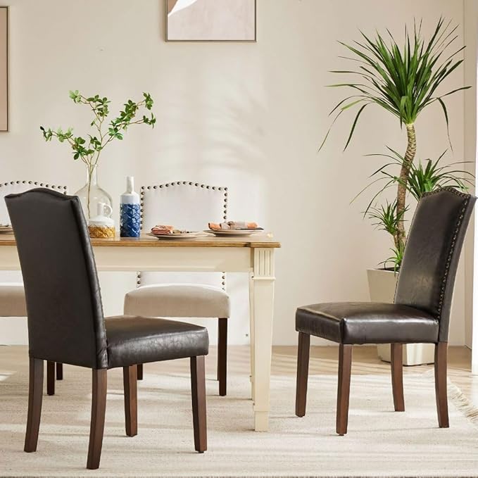 Kitchen Chairs Set of 2 Modern Upholstered Fabric Seat with Nailhead Trim and Ergonomic Lumbar Support for Living Room and Rustic Farmhouse Dining Area, Dark Brown