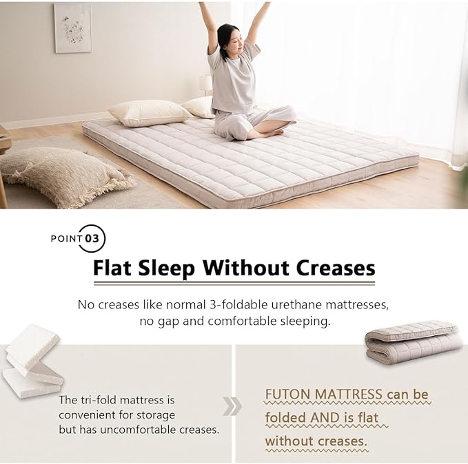 EMOOR Japanese Padded Futon Mattress Machi Queen Gray, Gusset Foldable Storable Elastic Bands Floor Sleeping Guest Bed Tatami Mat