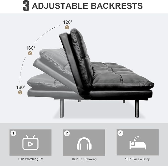 Vipbear Futon Sofa Bed Couch, 71" Convertible Sofa Bed, Space-Saving Loveseat with Adjustable Backrest & Armrest for Living Room,Apartment,Office,Matte Black Sleeper Sofa