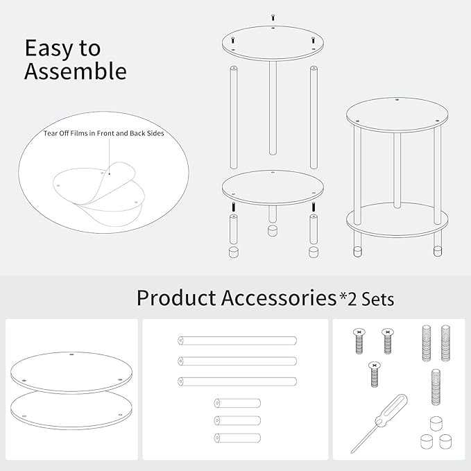 Clear Round Acrylic Side Table Set of 2 for Small Spaces, 11.81" L x 11.81" W x 19.82" H, 2 Tier Small Modern Drink End Table Nightstand, Mini Bedside Table for Living Room, Bedroom, Bathroom