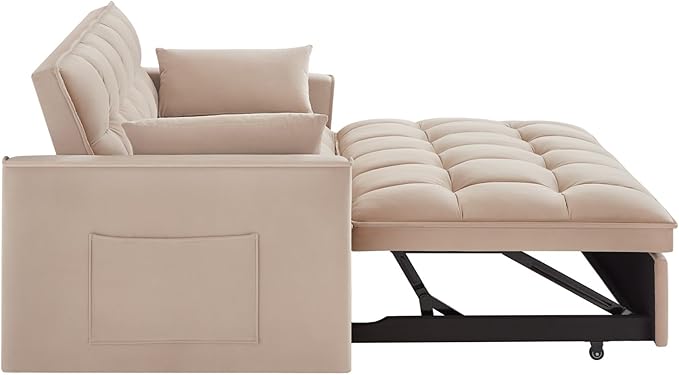 KEIKI Velvet Loveseat Convertible Sofa Bed Sleeper Chair with Adjustable Backrest, Pillows & Storage Pockets, 3 in 1 Pull-Out Couch Chaise Lounge Recliner for Living Room Balcony Bedroom, Taupe