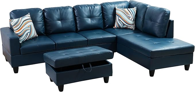 Couches for Living Room PU Leather L Shaped Couch Comfy 3 Pieces Sectional Sofa with Chaise, Ottoman with Storage for Office and Small Apartment, Peacock Blue