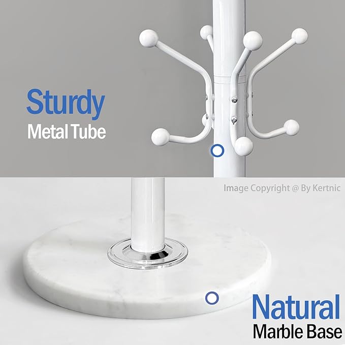 Kertnic Freestanding Coat Rack with 18 Hooks & Marble Base - Heavy Duty Metal Hall Tree Stand for Entryway, Hats, Coats, Bags Rack - Modern Hanger Organizer for Home, Office, Dorm (18 hooks -White)