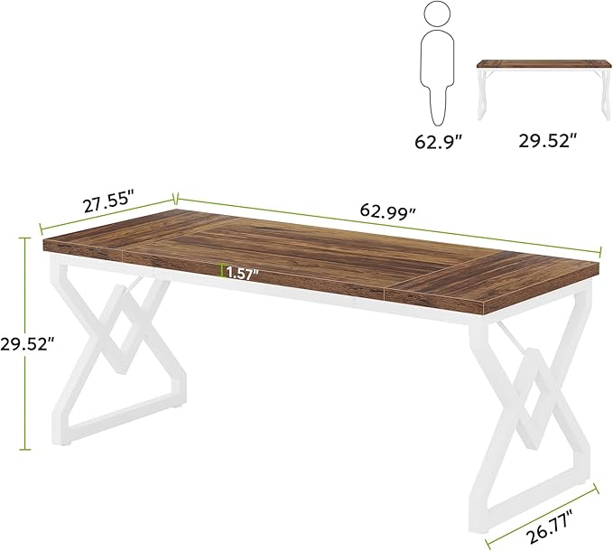 Tribesigns 63 Inch Executive Desk, Large Office Desk with Metal Frame, Ergonomic Writing Desk Computer Workstation, Modern Wood Computer Desk for Home Office, Easy Assembly (Brown+White)
