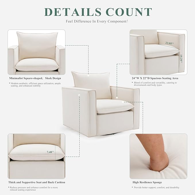 COLAMY Swivel Accent Chair, 34 Inches Upholstered Arm Chair with Plump Back Pillow, Modern Sofa Living Room Chair for Bedroom, Corner, Reading Beige