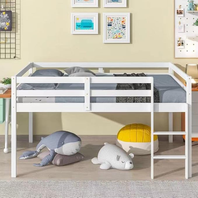HomSof Full Loft Bed with Guard Rail & Ladder,No Box Spring Needed,Easy Assembly,White