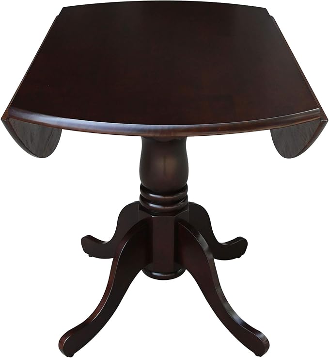 IC International Concepts, 42" Round Dual Drop Leaf Pedestal Dining Table, Solid Real Wood, Sturdy Parawood, Rich Mocha