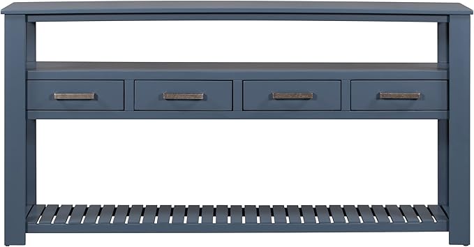 Ball & Cast 62.2“ Contemporary 4 Drawers Console Table, Long Entryway-Table with Drawer & 3 Tier Shelves, FarmhouseWood Storage Sofa Couch-Tables for Entrance Hallway Living, Blue