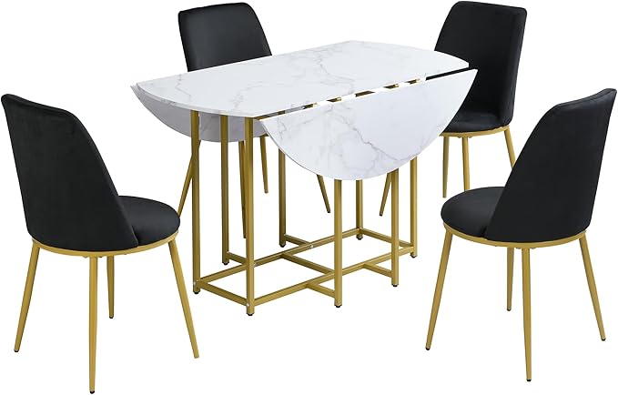 Ball & Cast Space-Saving 5-Piece Extendable Kitchen Dining Table Set w/ 4 Upholstered Chairs,Round Faux Marble Top with Golden Frame,Compact Foldable Design,for Small Spaces,White+Black