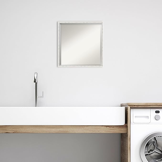 Amanti Art White Bathroom Mirror for Over Sink, 21x21 Paige White Silver Square Vanity Mirror, Medium Modern Contemporary Wood Frame, Hangs Horizonally and Vertically, Bathroom Wall Decor, Beveled