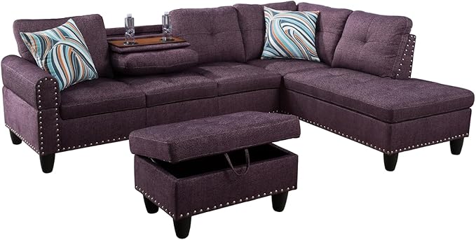 L Shaped Sectional Couches, Modular Sectional Sofa with Ottoman Storage, Nail-Head Design Lounge Sofa with Reversible Cup Holder for Living Room, Bedroom, Purple